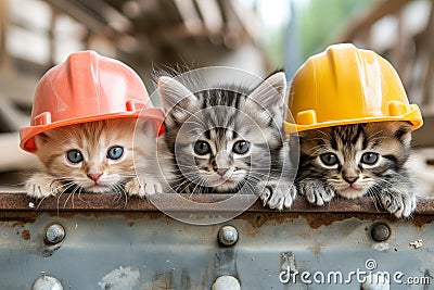 Adorable Kittens Donning Hard Hats While Playfully Exploring Image Stock Photo