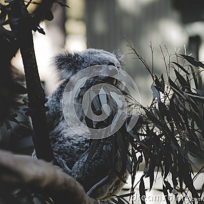 Adorable koala perched atop a lush, green tree, surrounded by foliage Stock Photo