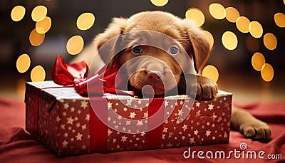 adorable labrador puppy in festive gift box with holiday background copy space for text Stock Photo