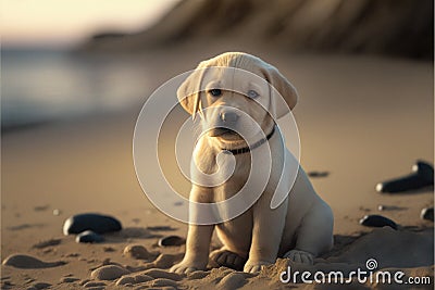 Adorable Labrador puppy sitting on sea shore Stock Photo