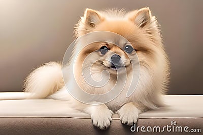 Adorable lap dog, Pomeranian, captured indoors in a charming portrait. Generative AI Stock Photo