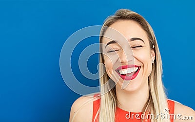 Adorable laughing blonde woman with wide red lips smile. Stock Photo