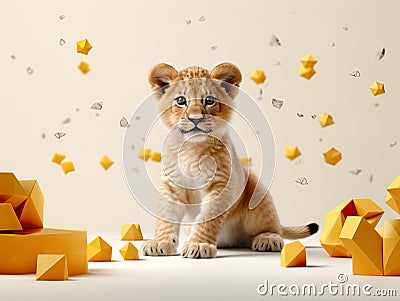 Adorable lion cubs captured in a professional studio setting. Stock Photo