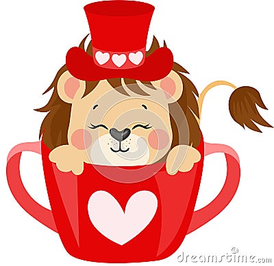 Adorable lion with red hat inside the red teacup.cdr Vector Illustration