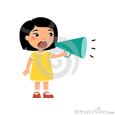 Adorable little asian girl shouting in megaphone flat vector illustration. Annoying toddler making noise with loudspeaker. Vector Illustration