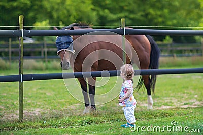 Adorable little baby girl with horse on farm in summ Stock Photo