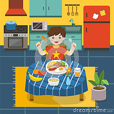 Adorable little Boy have breakfast in the kitchen. He is laughing while sitting at table near plate of breakfast. Vector Illustration