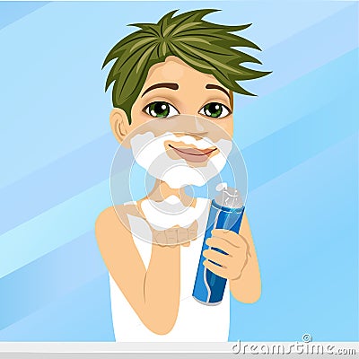 Adorable little boy pretending to shave holding shaving cream Vector Illustration