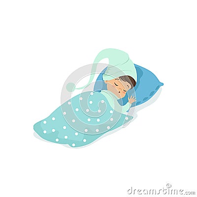 Adorable little boy sleeping on his bed wearing blue hat cartoon character vector illustration Vector Illustration