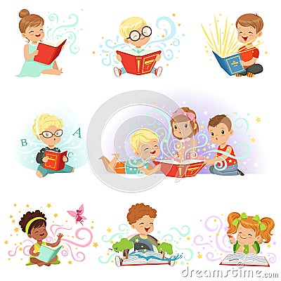 Adorable little boys and girls sitting and reading fairy tales set. Kids fabulous imagination vector illustrations Vector Illustration