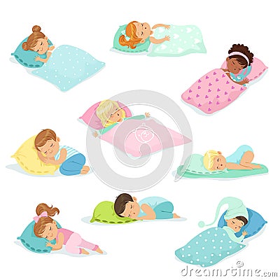 Adorable little boys and girls sleeping sweetly in their beds, colorful characters vector Illustrations Vector Illustration