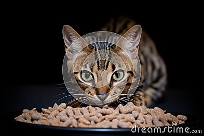 Adorable little cute fluffy purebred hungry cat kitty eating food from bowl filled dry wet cat food pet owner feeding in Stock Photo