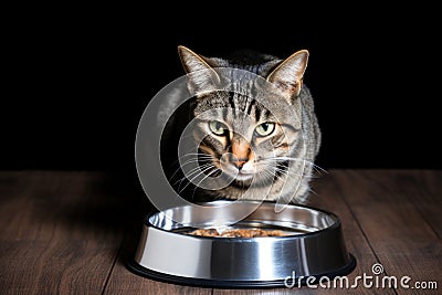 Adorable little cute fluffy purebred hungry cat kitty eating food from bowl filled dry wet cat food pet owner feeding in Stock Photo