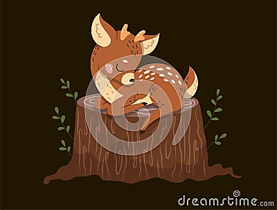 Adorable little deer asleep on a tree stump in the forest Vector Illustration