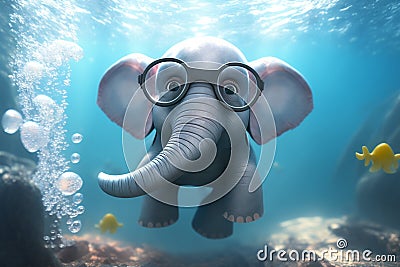 Adorable Little Elephant Dives Underwater with a Snorkel Mask Stock Photo