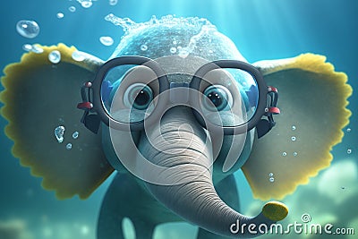 Adorable Little Elephant Dives Underwater with a Snorkel Mask Stock Photo