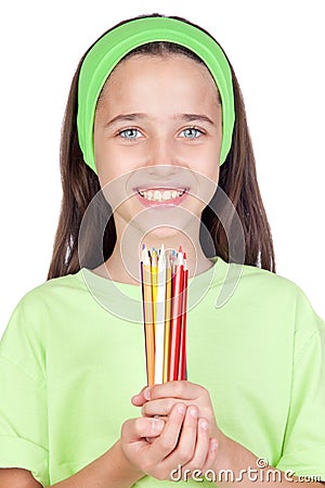 Adorable little girl with many colored pencils Stock Photo