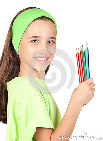 Adorable little girl with many colored pencils Stock Photo