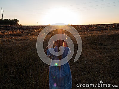 Adorable little girl in a straw hat, blue plaid summer dress in grass field countryside. Child with long blonde braid Stock Photo