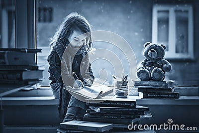 Adorable little girl, writing letter to Santa, sitting on a wind Stock Photo