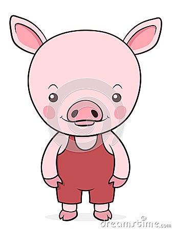 Adorable little pink pig in dungarees Vector Illustration