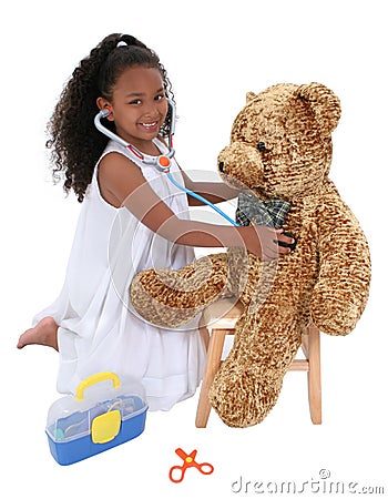 Adorable Little Playing Doctor To A Teddy Bear Over White Stock Photo