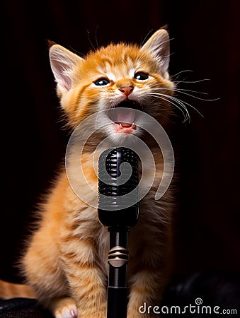 Adorable little red kitten with opened mouth singing a song. Cute cat in front of microphone. Black background. Generative AI Stock Photo