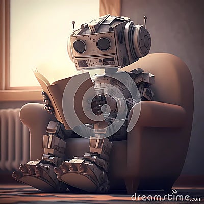 Adorable little synthetic robot, artificial intelligence. AI generative android reading a book Stock Photo