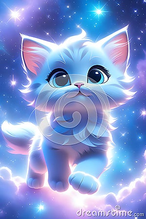 Adorable moonbeam kitten posing in cute, with fur like stardust, twinkling eyes, stars accross nebula sky, disney style, cartoon Stock Photo