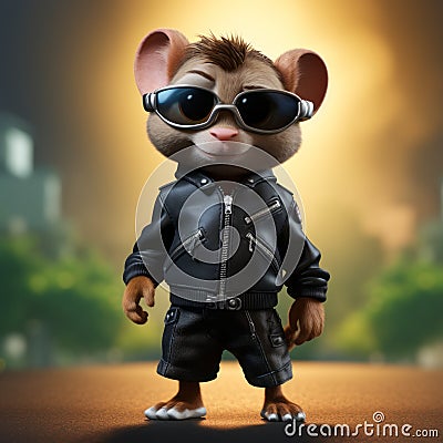 Adorable Mouse In Sunglasses And Leather Jacket: Zbrush Character Design Stock Photo