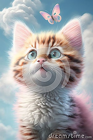 adorable nice cute pink kitten with blue stripes, a long curly tail, playing with a butterfly on white fluffy clouds Stock Photo