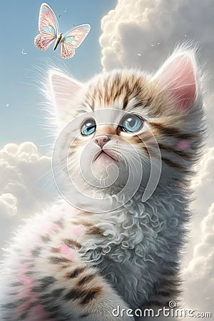 adorable nice cute pink kitten with blue stripes, a long curly tail, playing with a butterfly on white fluffy clouds Stock Photo