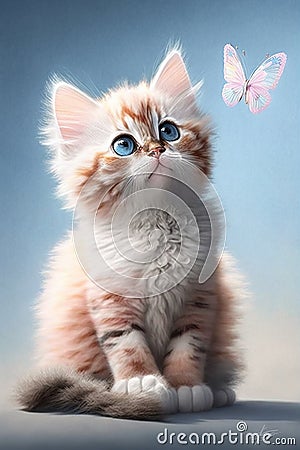 adorable nice cute pink kitten with blue stripes, a long curly tail, playing with a butterfly on white fluffy clouds Stock Photo