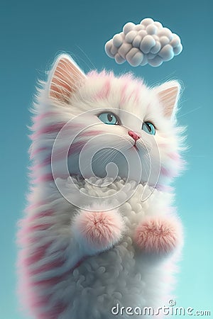 adorable nice cute pink kitten with blue stripes, a long curly tail, playing with a butterfly on white fluffy clouds Stock Photo