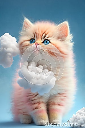 adorable nice cute pink kitten with blue stripes, a long curly tail, playing with a butterfly on white fluffy clouds Stock Photo