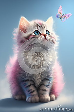 adorable nice cute pink kitten with blue stripes, a long curly tail, playing with a butterfly on white fluffy clouds Stock Photo