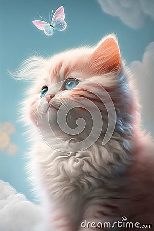 adorable nice cute pink kitten with blue stripes, a long curly tail, playing with a butterfly on white fluffy clouds Stock Photo