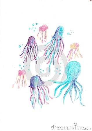 Adorable octopus, squid and jellyfish characters set. Cartoon Illustration