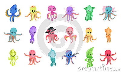 Adorable Octopus, Squid and Jellyfish Characters Vector Big Set Stock Photo