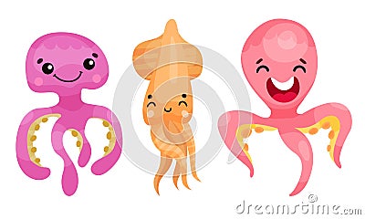 Adorable Octopus, Squid and Jellyfish Characters Vector Set Vector Illustration