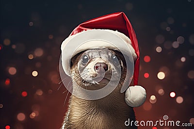 Adorable Otter in Santa Hat, Captivating Bokeh Lights, Christmas Festive Animal Stock Photo