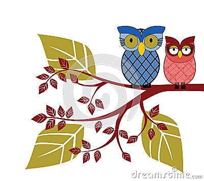 Adorable owls on a branch Vector Illustration