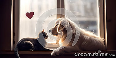 Adorable pair of domestic cat and golden retriever dog lying together on windowsill of home Stock Photo