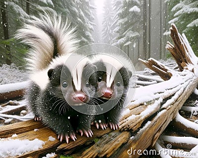 Adorable Pair Skunks Small Animals Snowfall Forest Woodland Critters Winter Canada AI Generated Stock Photo