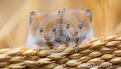 Adorable pair of tiny mice frolicking joyfully amidst a vast expanse of sun kissed wheat field Stock Photo
