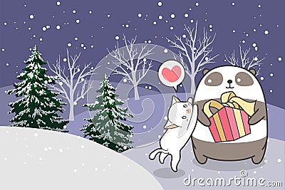 Adorable panda and cat in Christmas day Vector Illustration