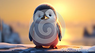 Dreamy Penguin Standing Near The Sun - Rendered In Cinema4d Stock Photo