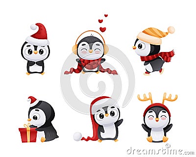 Adorable Penguin in Warm Winter Hat and Scarf Engaged in Different Activity Vector Set Vector Illustration