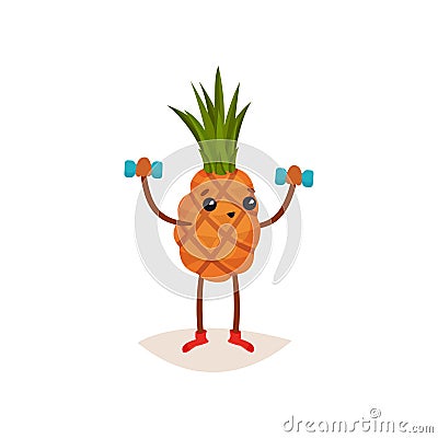 Adorable pineapple doing exercise with dumbbells. Funny tropical fruit. Active and healthy lifestyle theme. Flat vector Vector Illustration