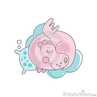 Adorable pink dragon sleeping with pillow on blue fluffy cloud. Fictional character. Flat line art for sticker, children Vector Illustration